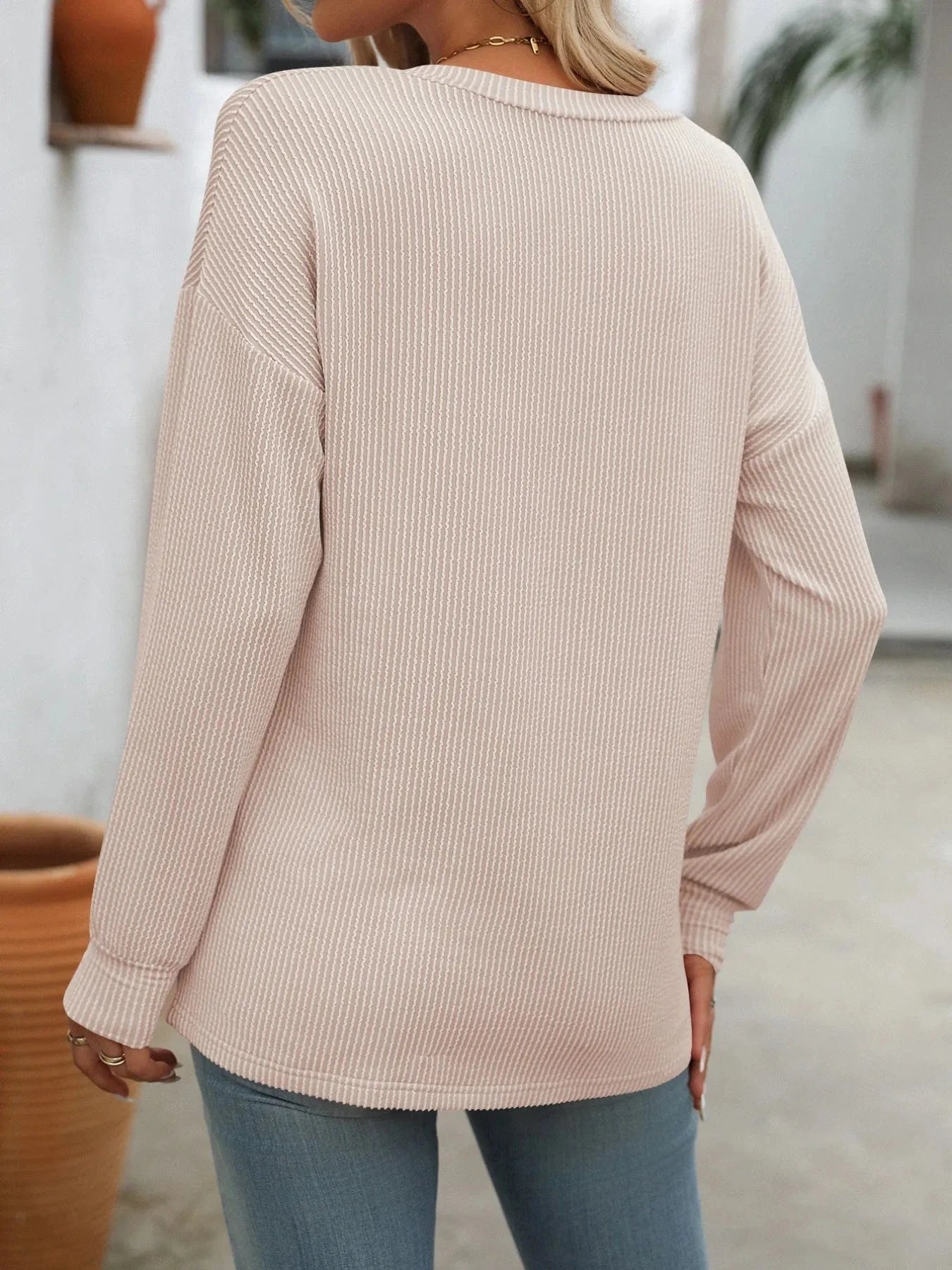 Ribbed V-Neck Long Sleeve T-Shirt Tops and T-Shirts