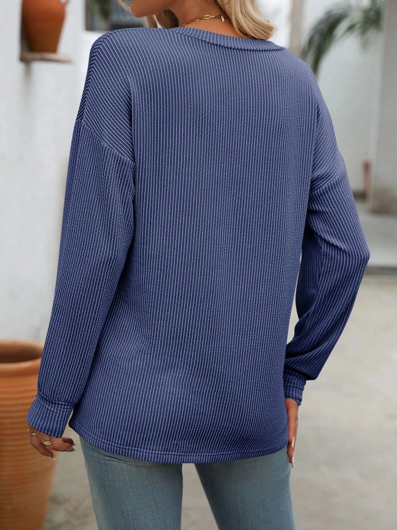 Ribbed V-Neck Long Sleeve T-Shirt Tops and T-Shirts