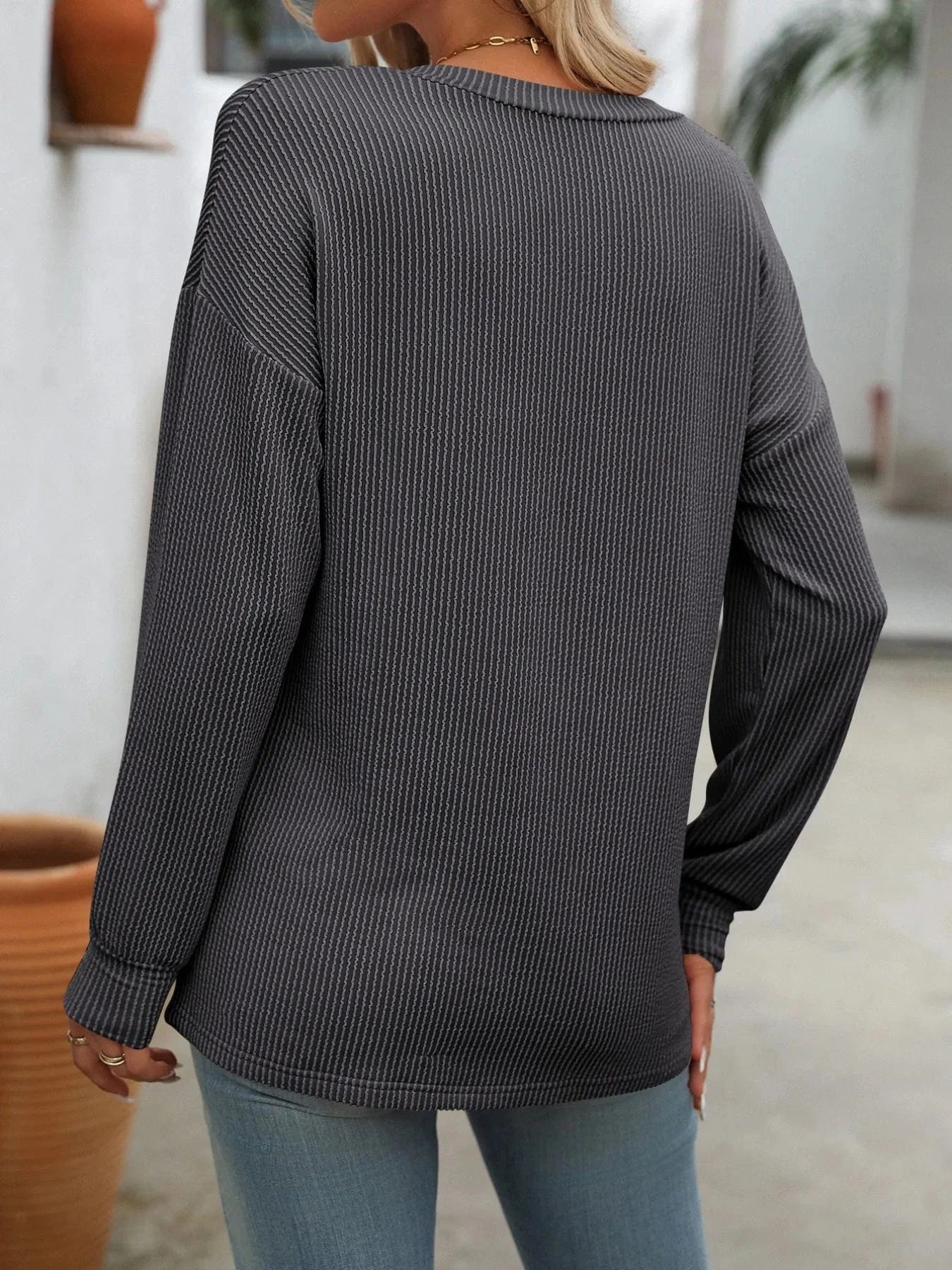Ribbed V-Neck Long Sleeve T-Shirt Tops and T-Shirts