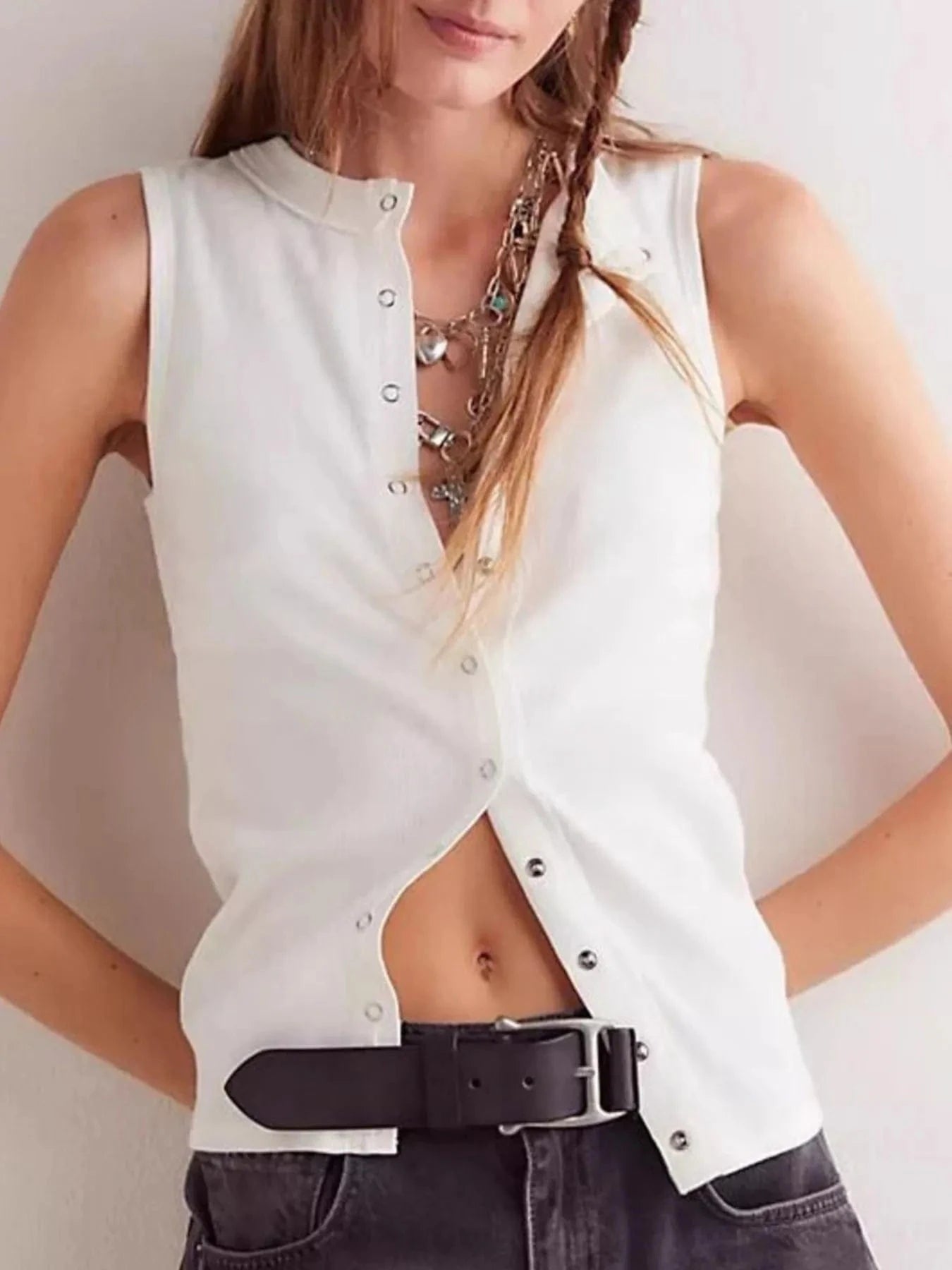 Snap Down Round Neck Ribbed Slim Tank Vest Tops and T-Shirts