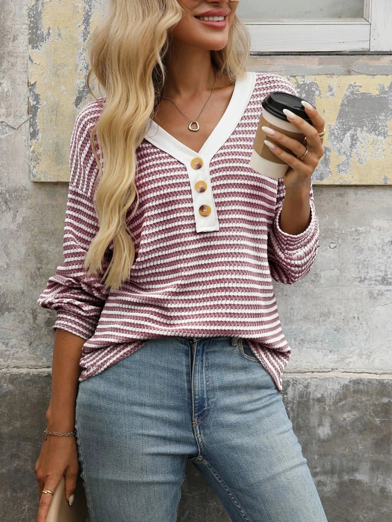 Striped V-Neck Button Front Casual Top Tops and T-Shirts