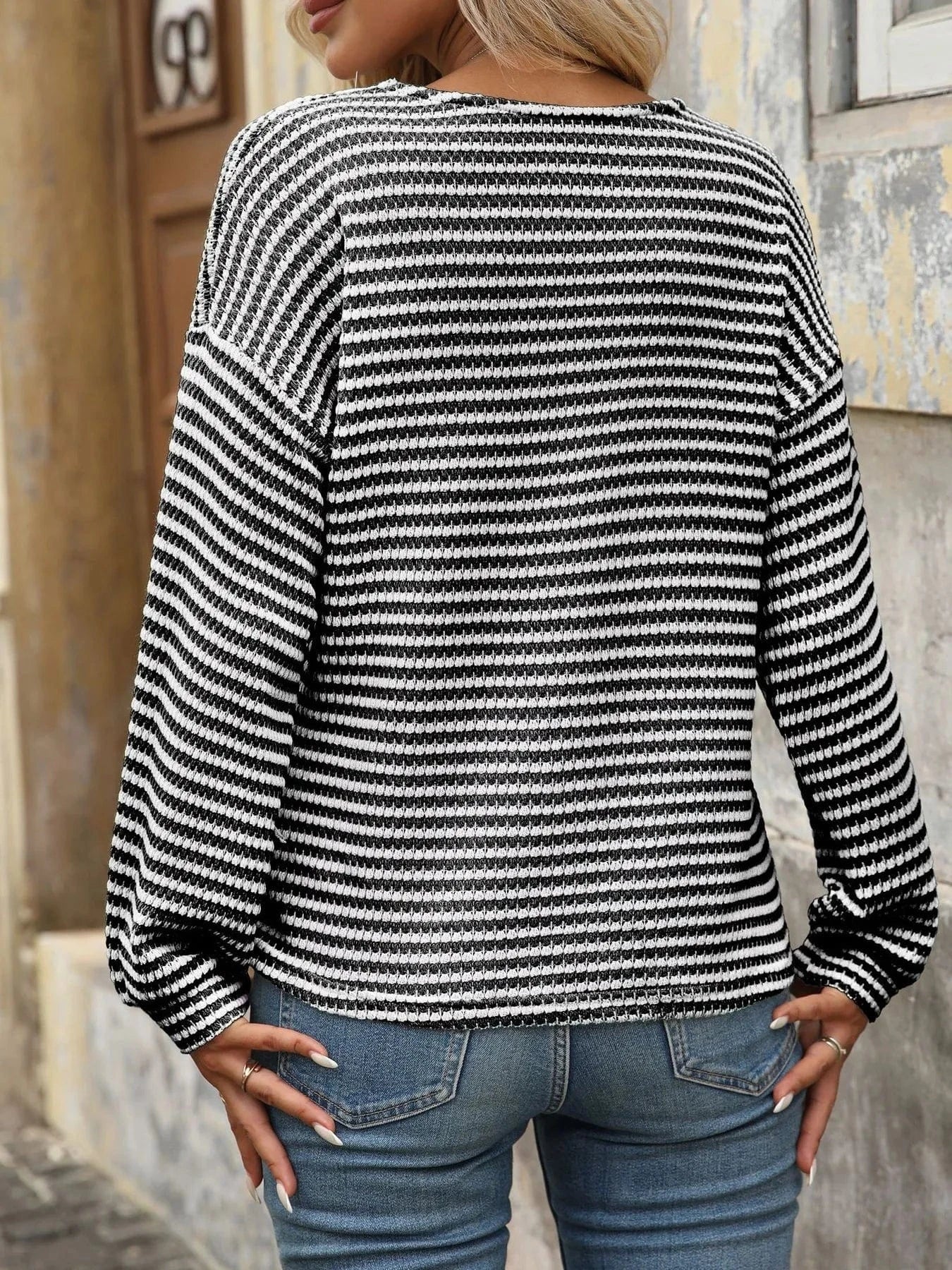 Striped V-Neck Button Front Casual Top Tops and T-Shirts