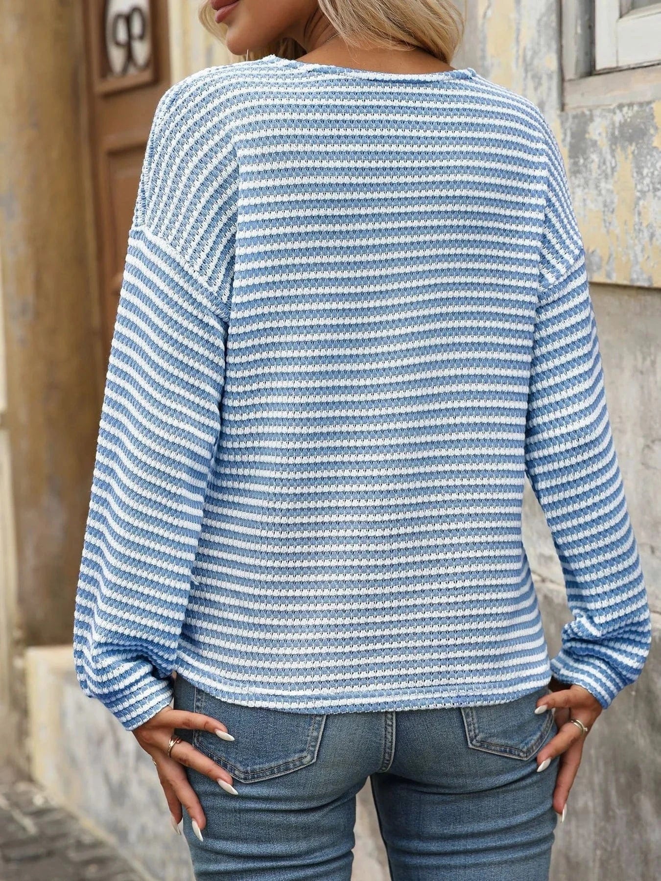 Striped V-Neck Button Front Casual Top Tops and T-Shirts