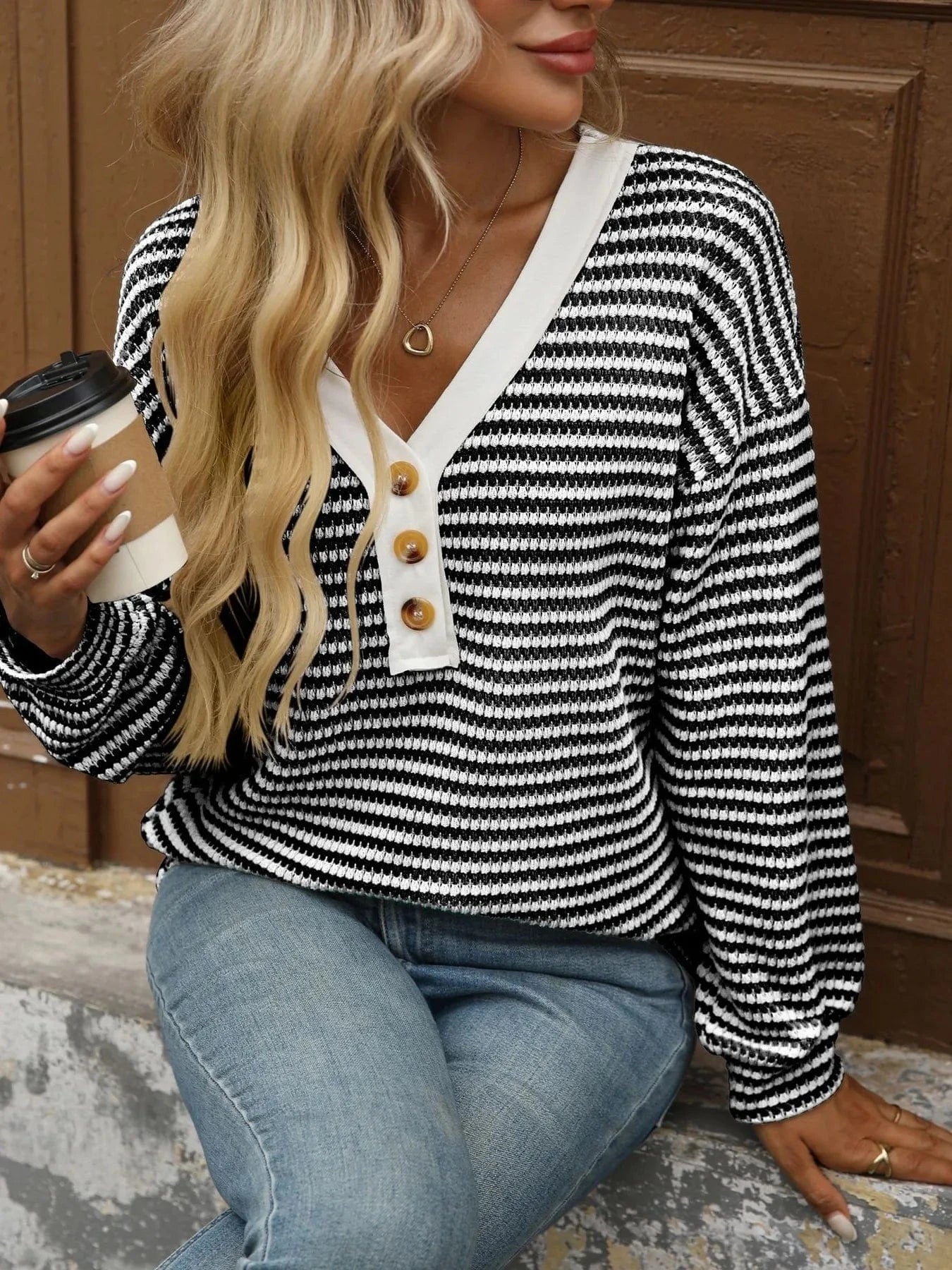 Striped V-Neck Button Front Casual Top Tops and T-Shirts