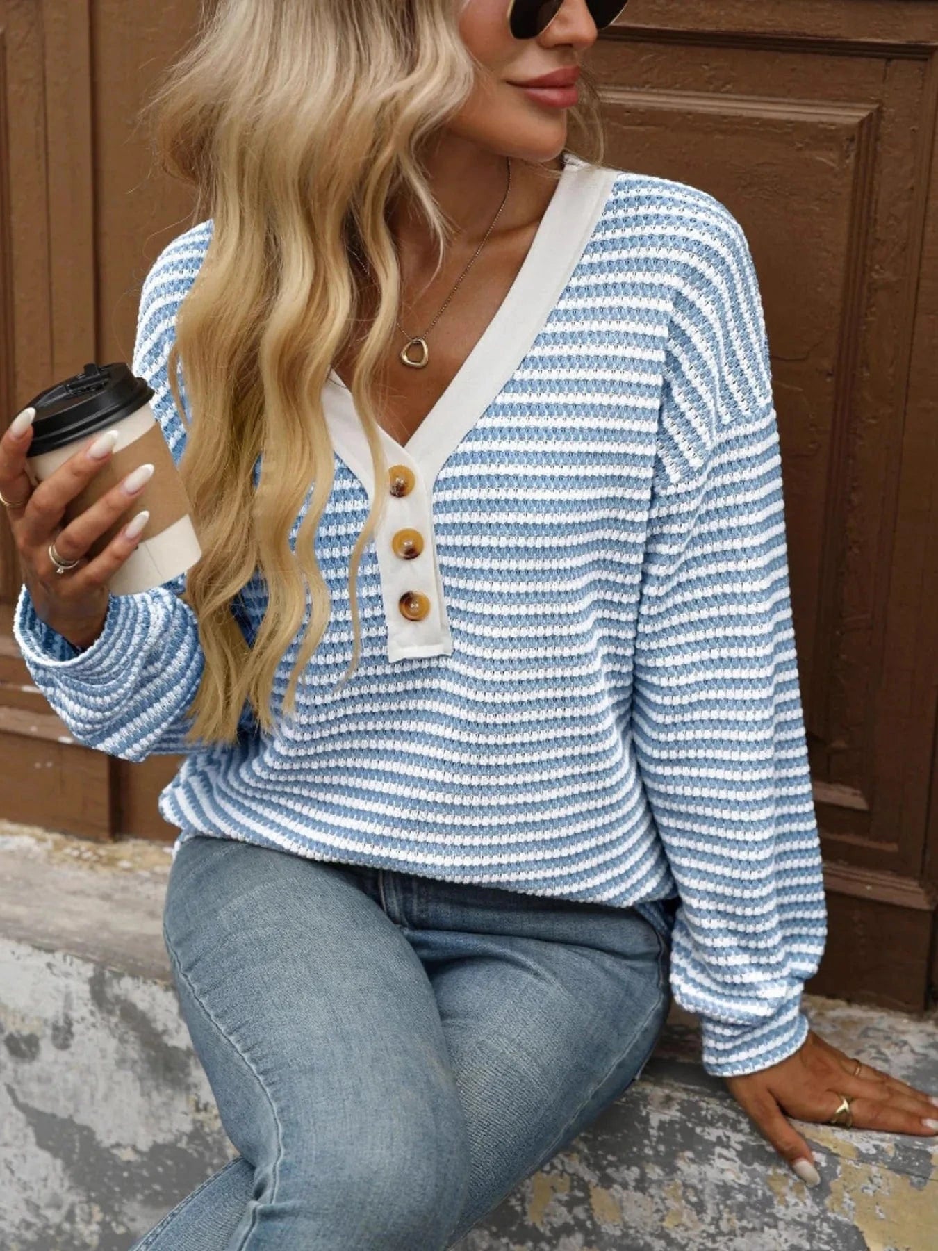 Striped V-Neck Button Front Casual Top Tops and T-Shirts