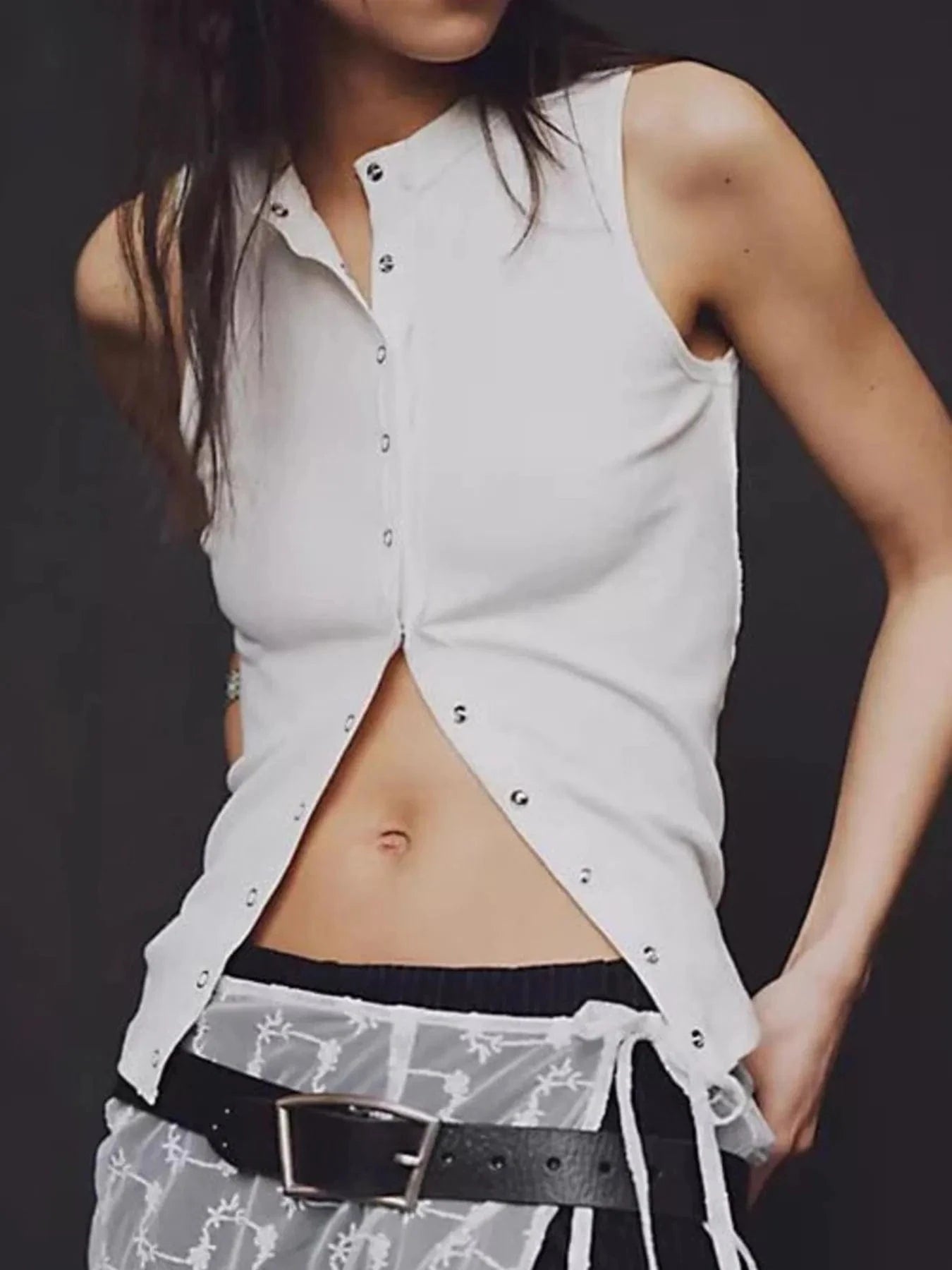 White Snap Down Round Neck Ribbed Slim Tank Vest Tops and T-Shirts