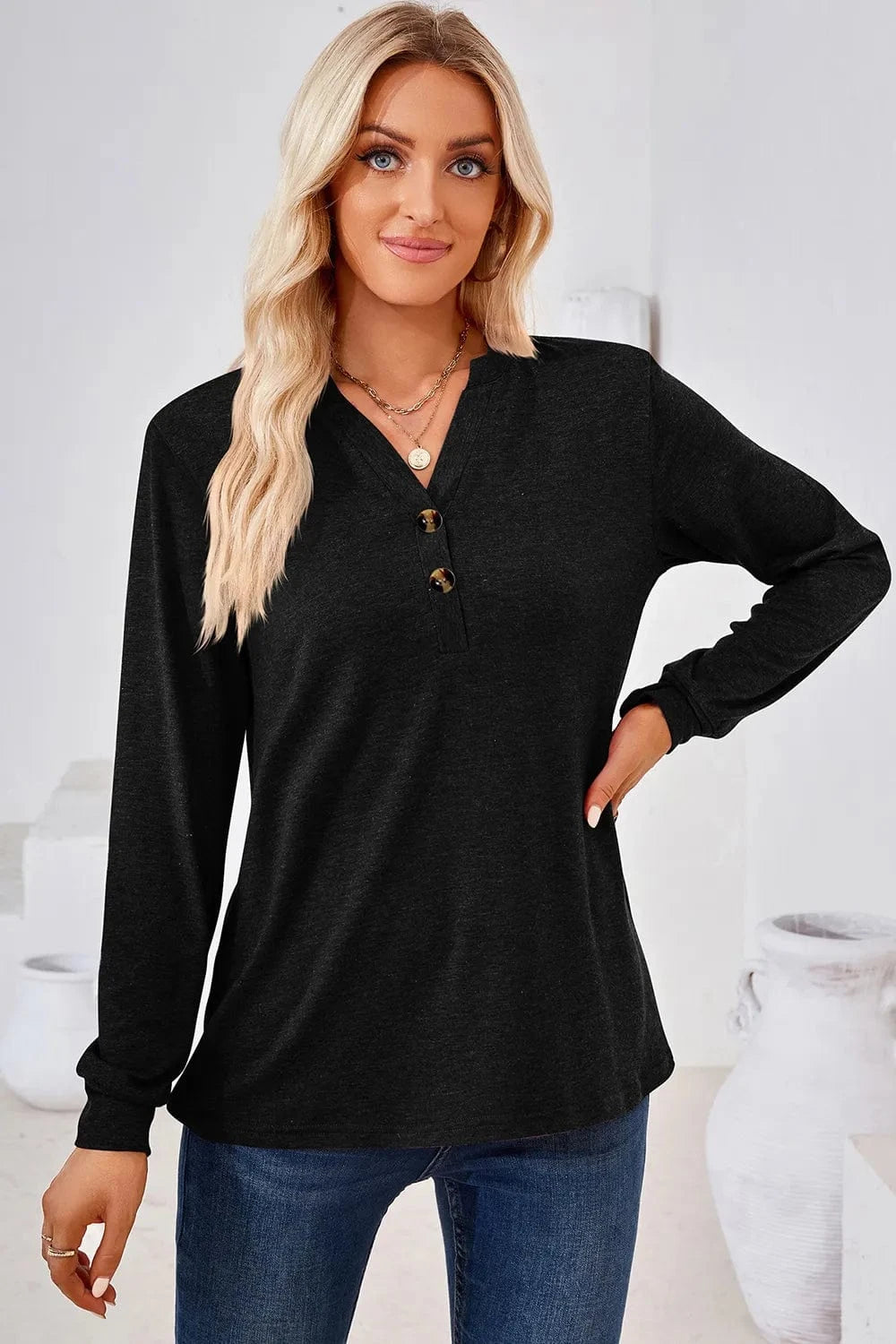 Black Notched Long Sleeve T-Shirt tops