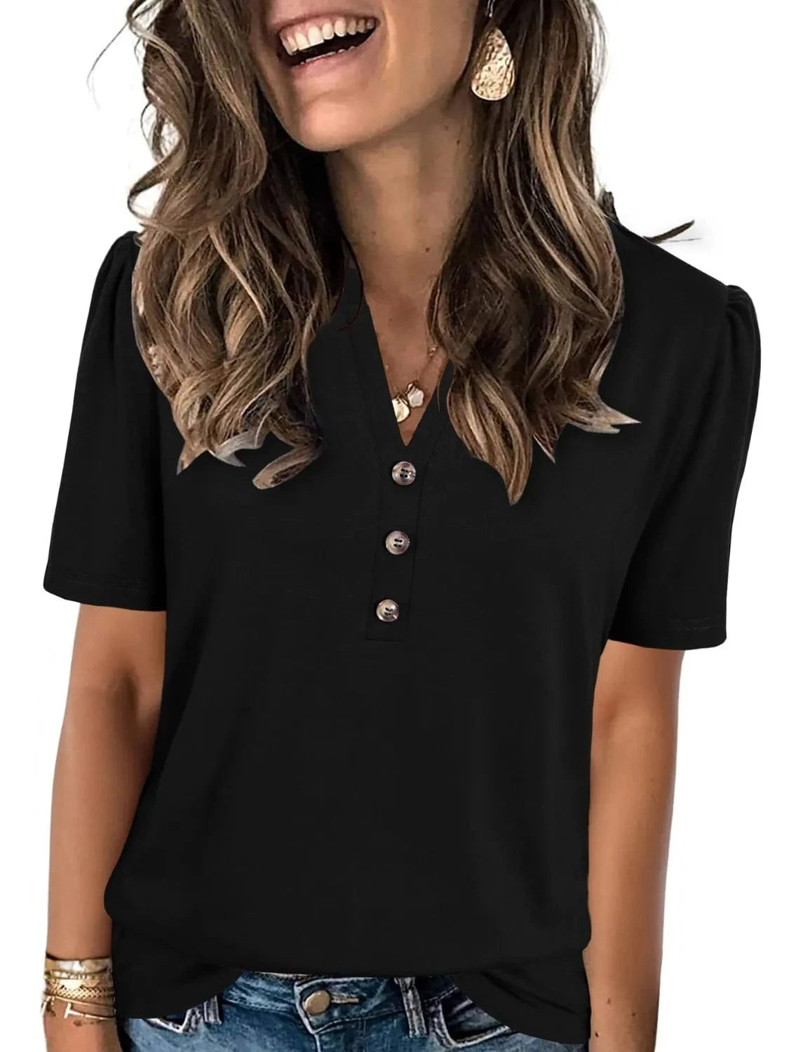 Black Notched Short Sleeve T-Shirt tops
