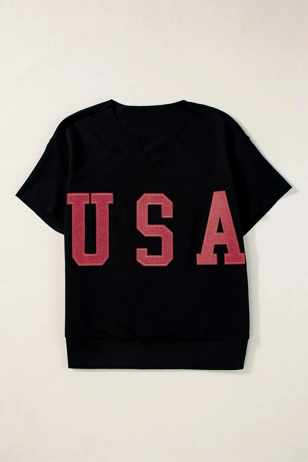 Black USA Notched Short Sleeve T-Shirt tops