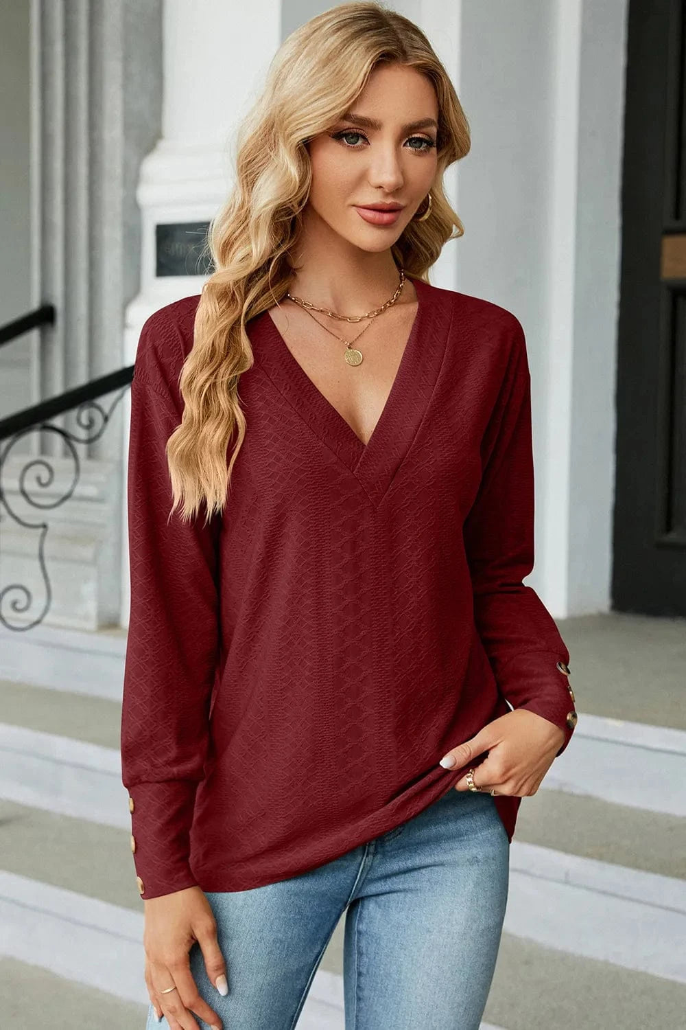 Burgundy V-Neck Lantern Sleeve T-Shirt tops