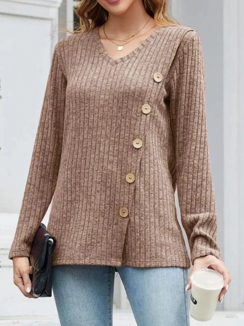 Camel V-Neck Long Sleeve T-Shirt tops