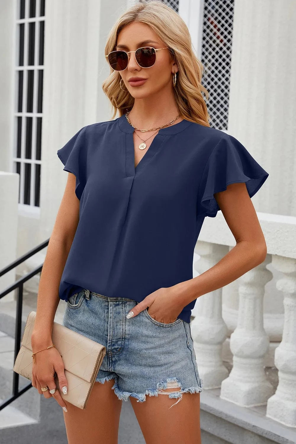 Dark Blue Notched Cap Sleeve T-Shirt tops