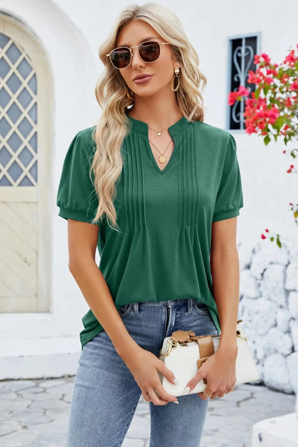 Dark Green Notched Short Sleeve T-Shirt tops