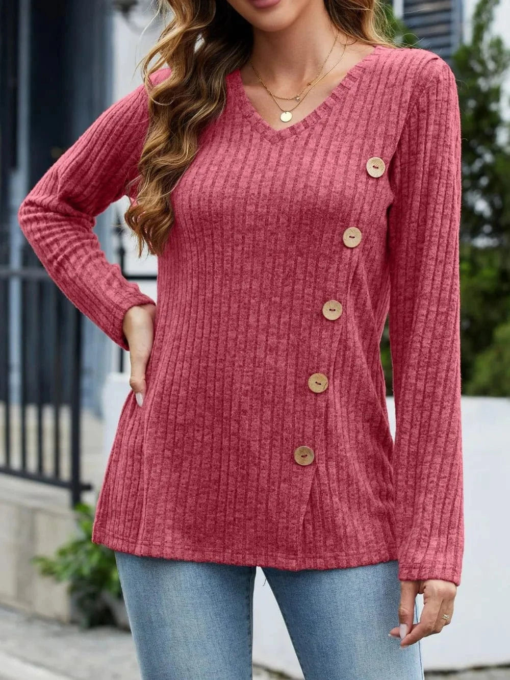 Deep Rose V-Neck Long Sleeve T-Shirt tops