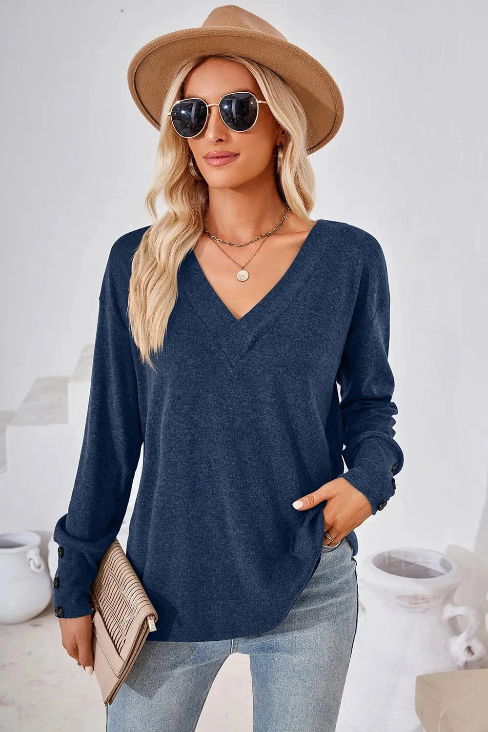 Dusty Blue V-Neck Dropped Shoulder T-Shirt tops