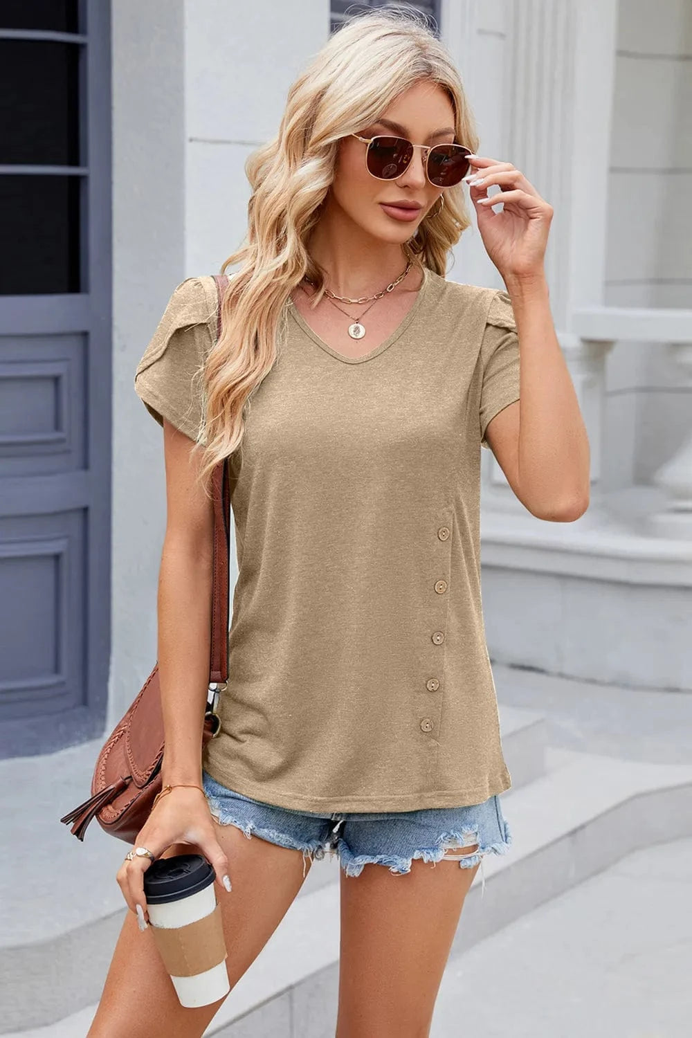 Khaki V-Neck Short Sleeve T-Shirt tops