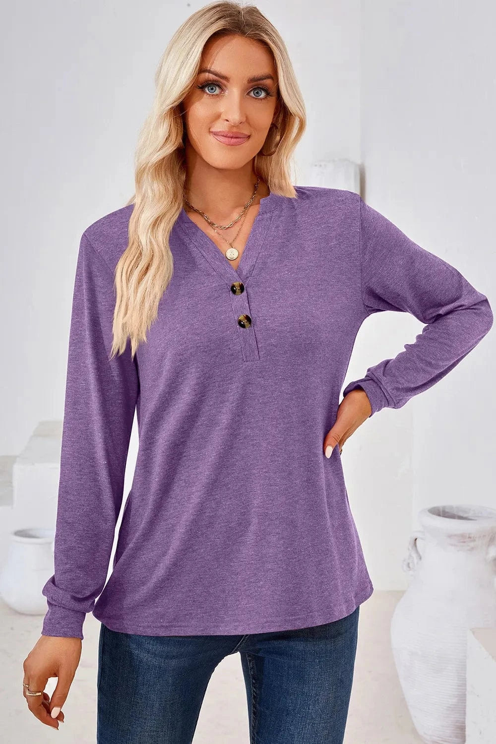Lavender Notched Long Sleeve T-Shirt tops