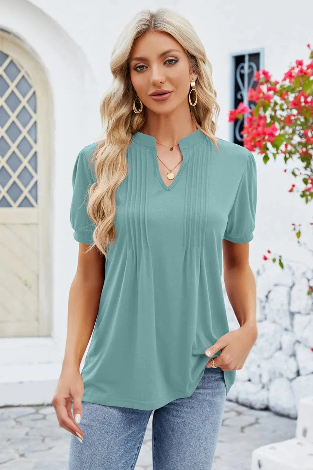 Light Green Notched Short Sleeve T-Shirt tops