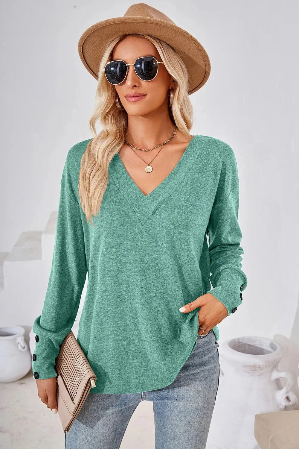 Light Green V-Neck Dropped Shoulder T-Shirt tops