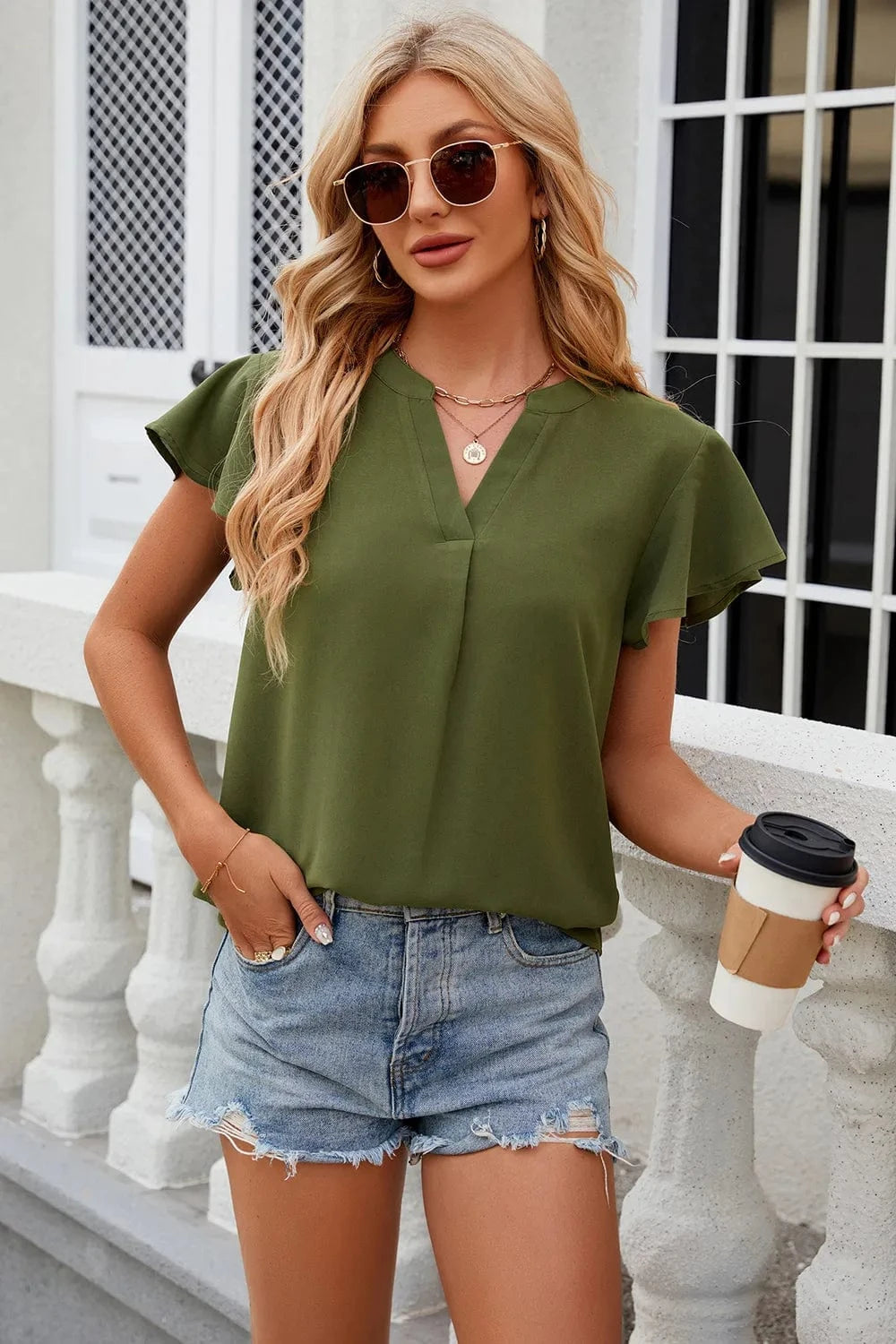 Matcha Green Notched Cap Sleeve T-Shirt tops