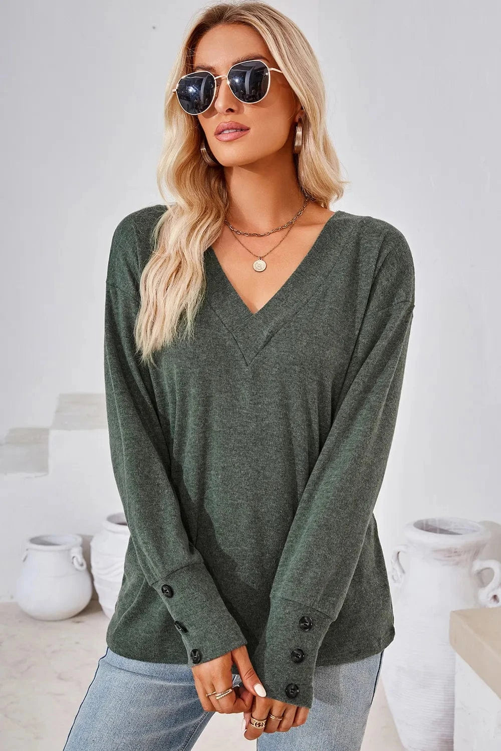 Matcha Green V-Neck Dropped Shoulder T-Shirt tops