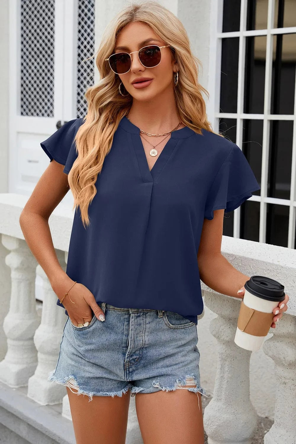 Notched Cap Sleeve T-Shirt tops