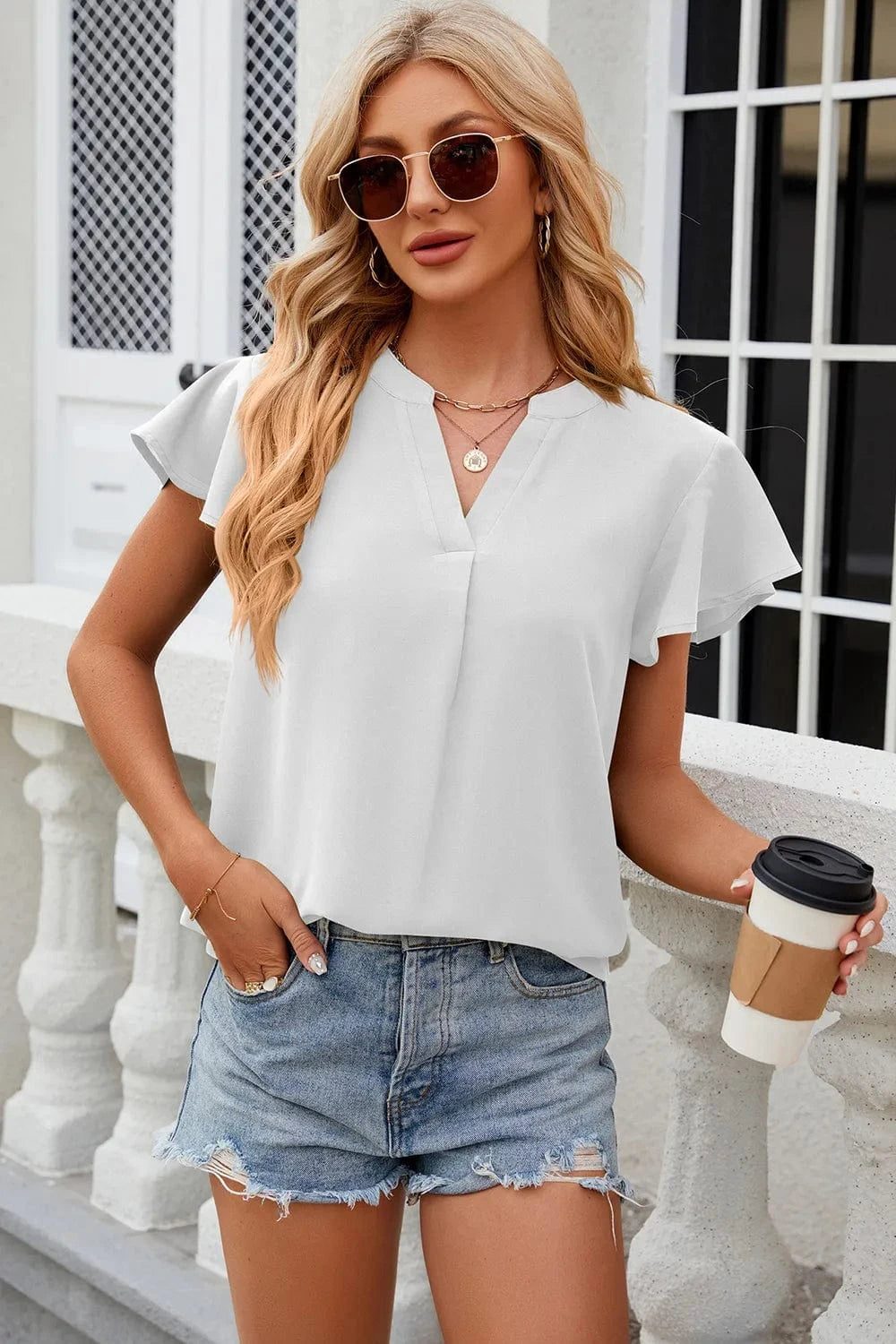 Notched Cap Sleeve T-Shirt tops