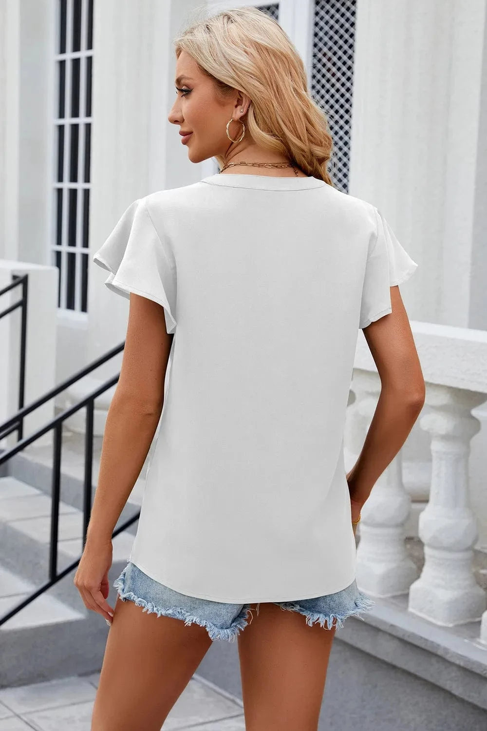Notched Cap Sleeve T-Shirt tops