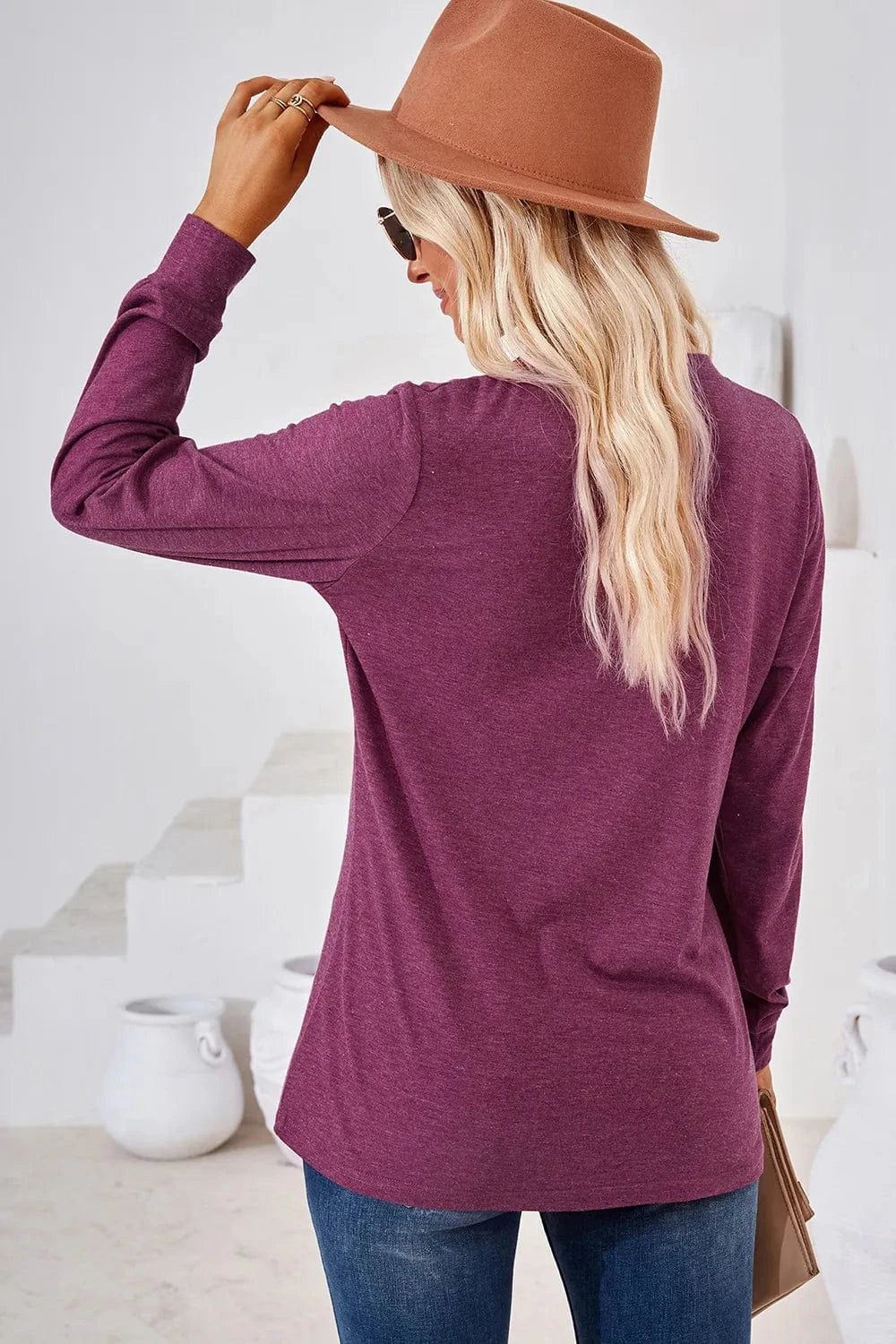 Notched Long Sleeve T-Shirt tops