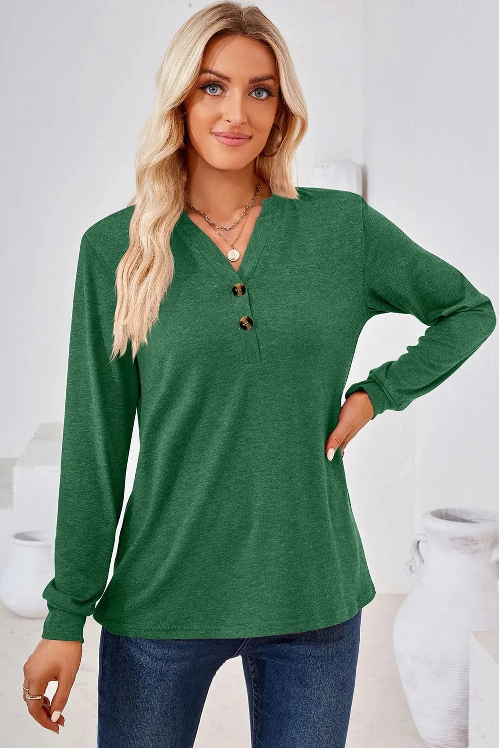 Notched Long Sleeve T-Shirt tops