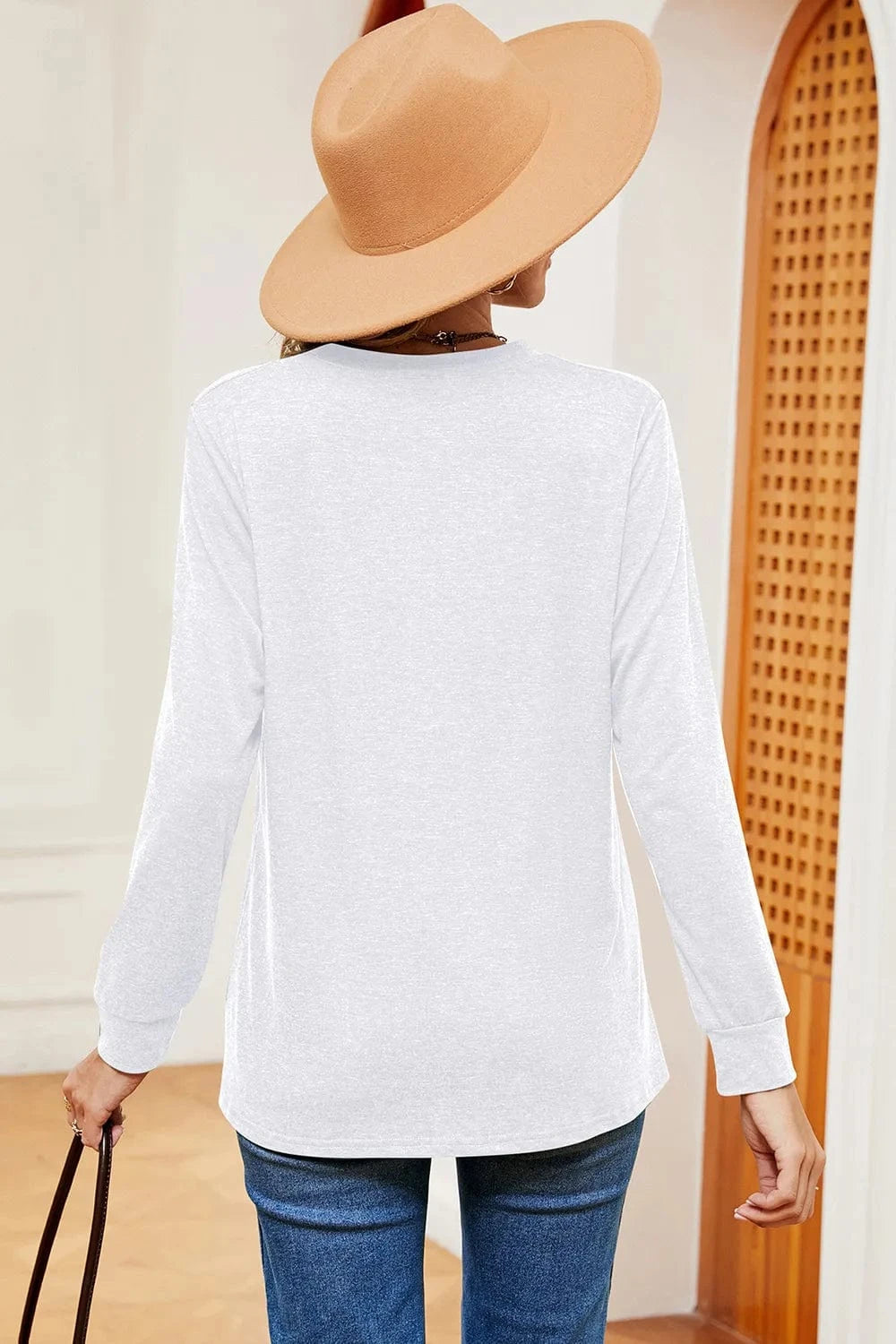 Notched Long Sleeve T-Shirt tops