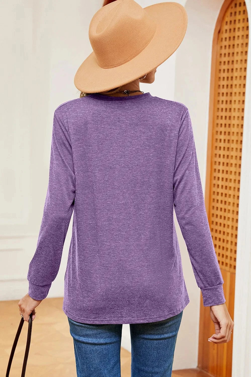 Notched Long Sleeve T-Shirt tops
