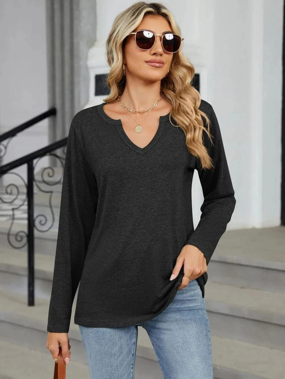 Notched Long Sleeve T-Shirt tops