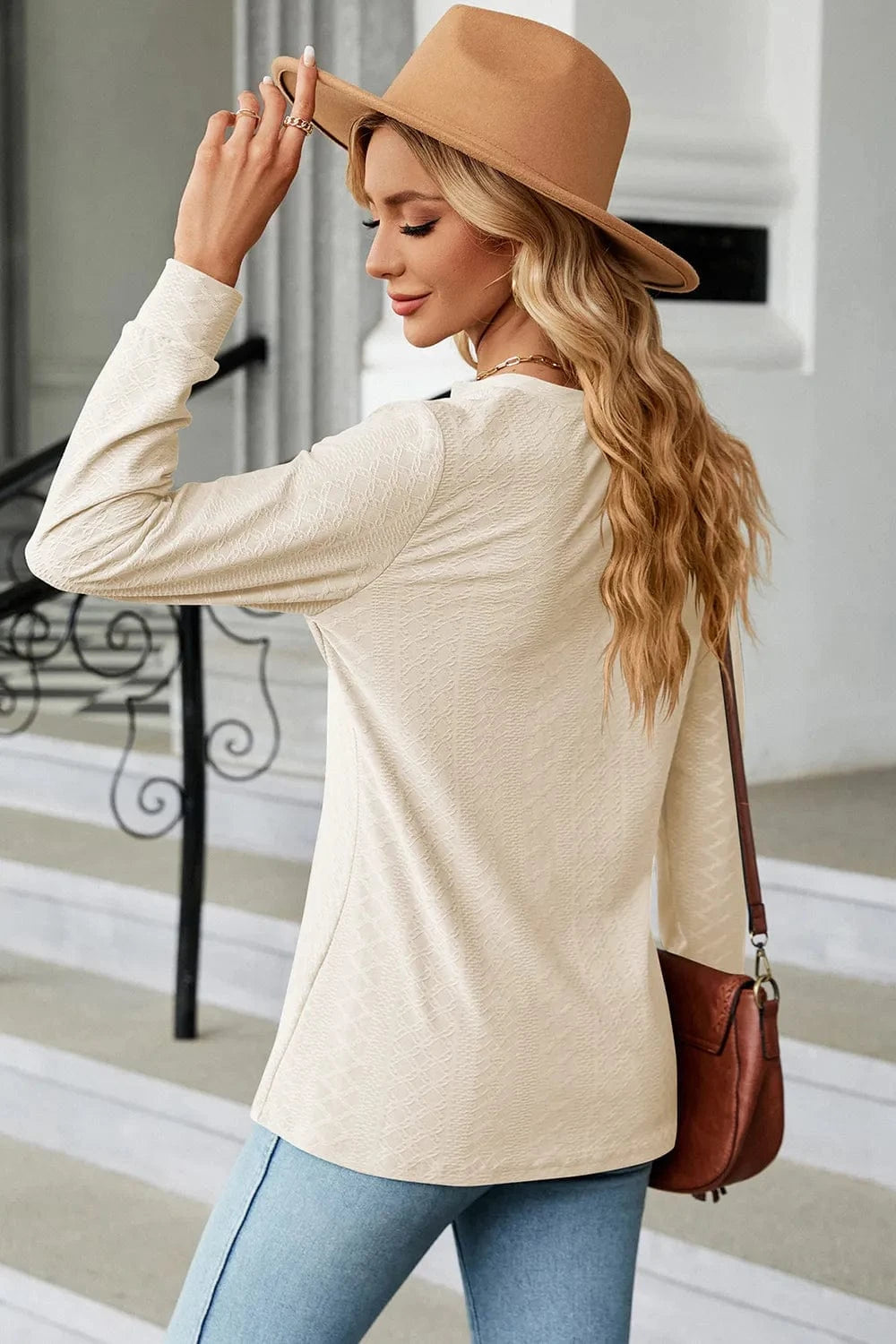 Notched Long Sleeve T-Shirt tops