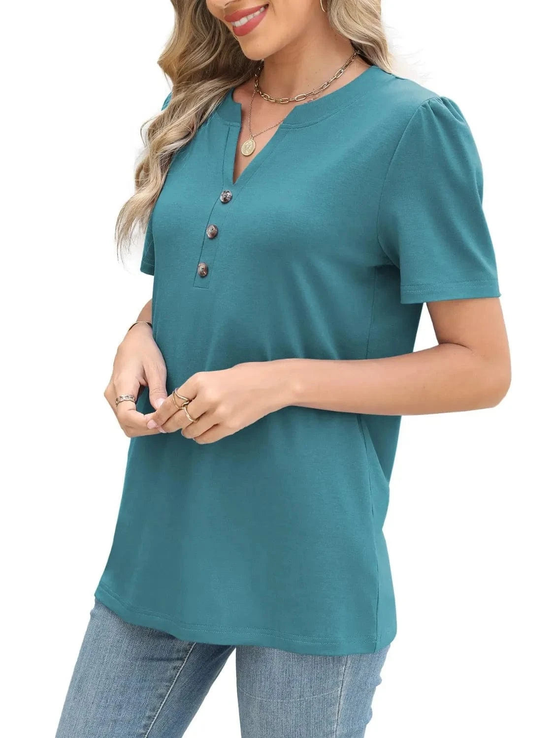 Notched Short Sleeve T-Shirt tops