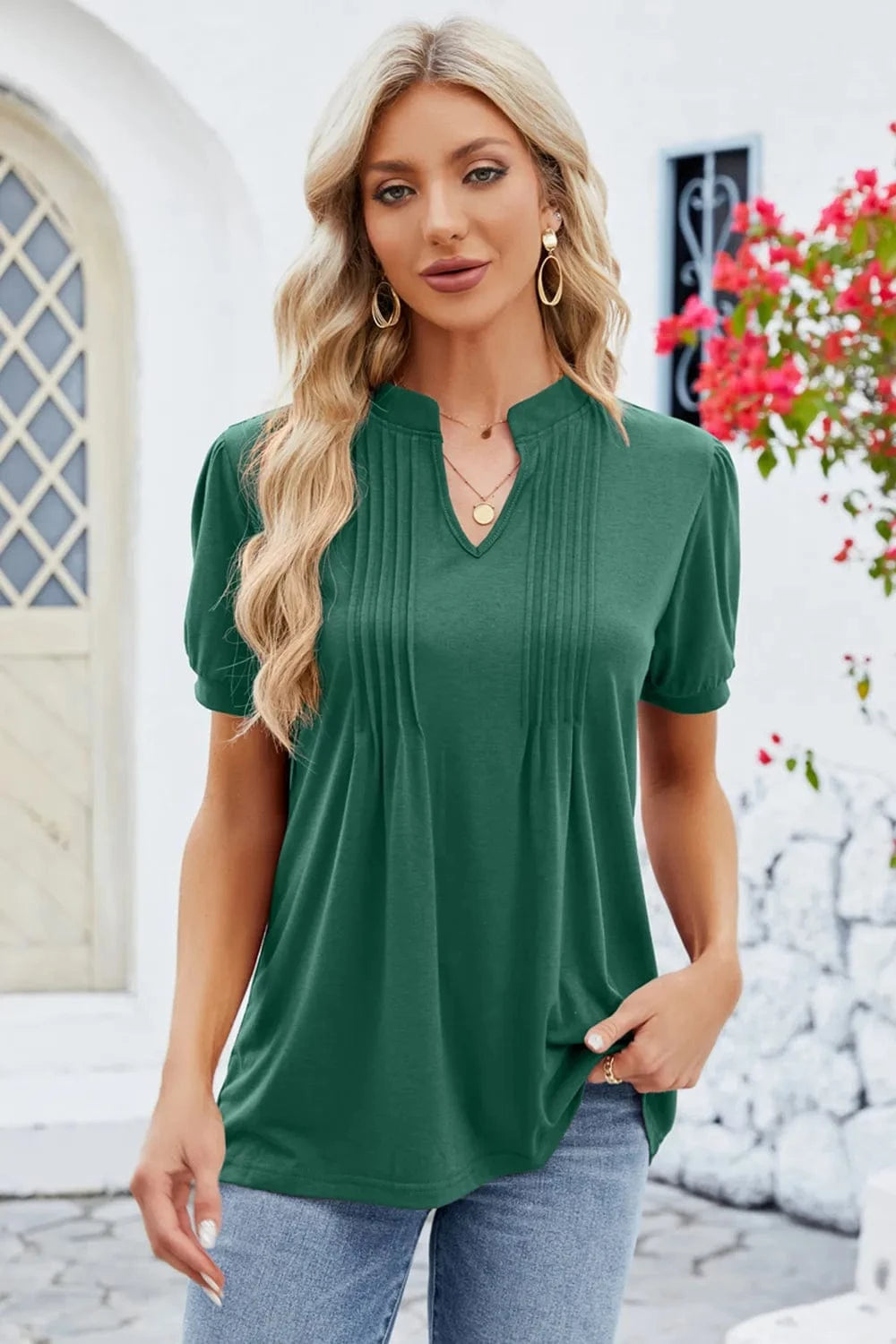 Notched Short Sleeve T-Shirt tops
