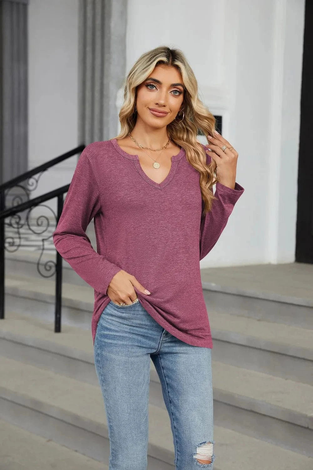 Plum Notched Long Sleeve T-Shirt tops
