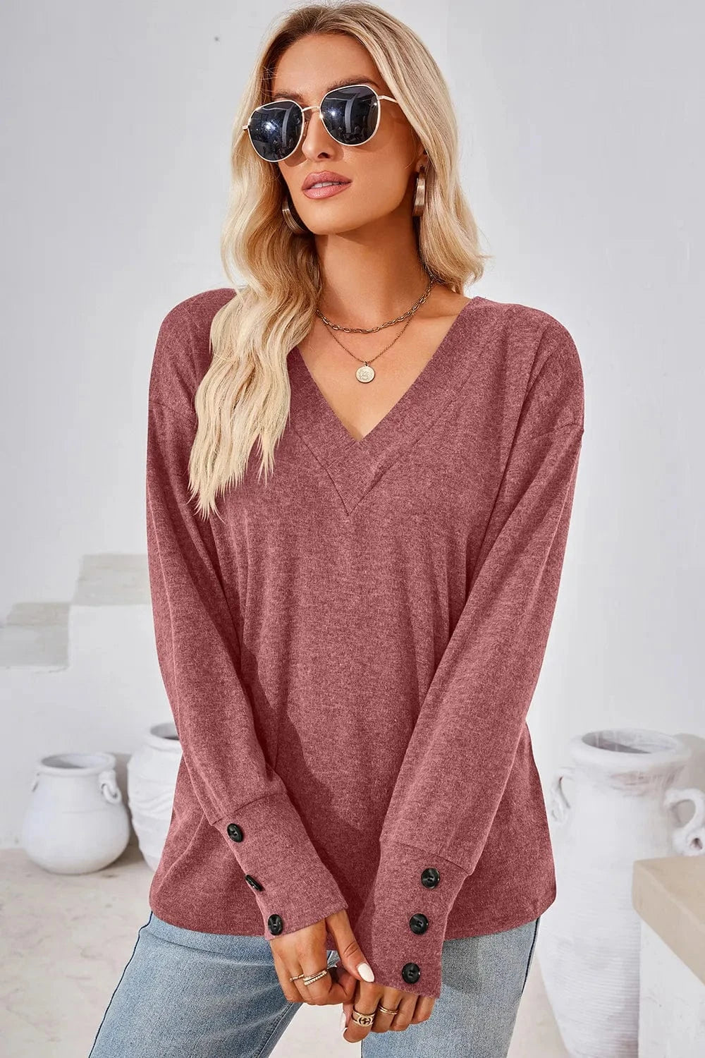 Rust V-Neck Dropped Shoulder T-Shirt tops