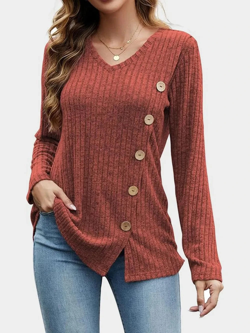 Rust V-Neck Long Sleeve T-Shirt tops