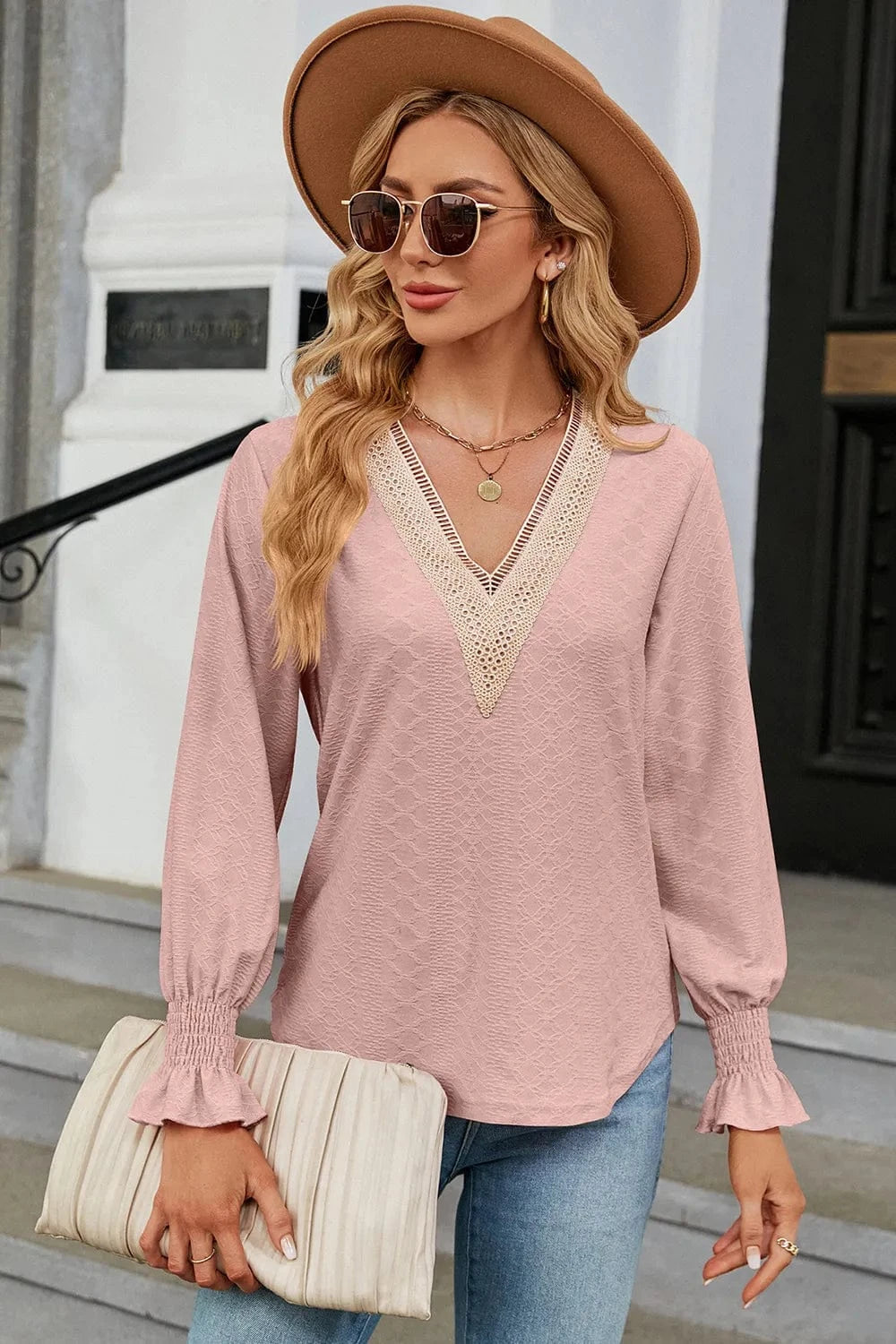 V-Neck Flounce Sleeve T-Shirt tops