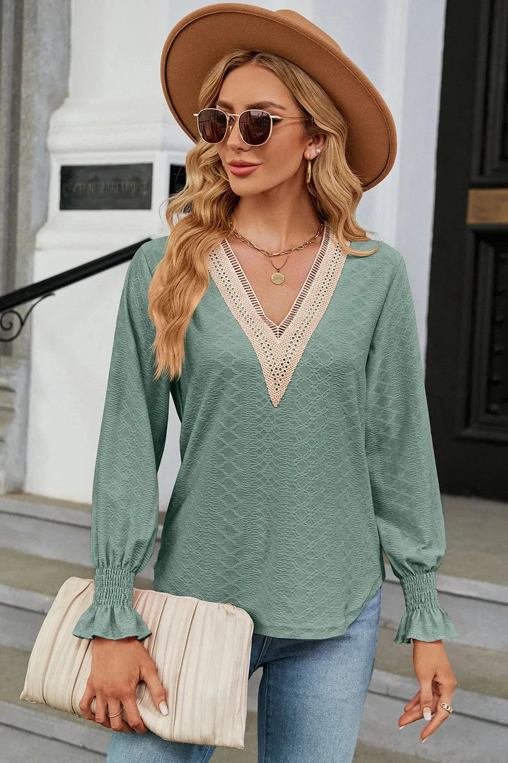 V-Neck Flounce Sleeve T-Shirt tops