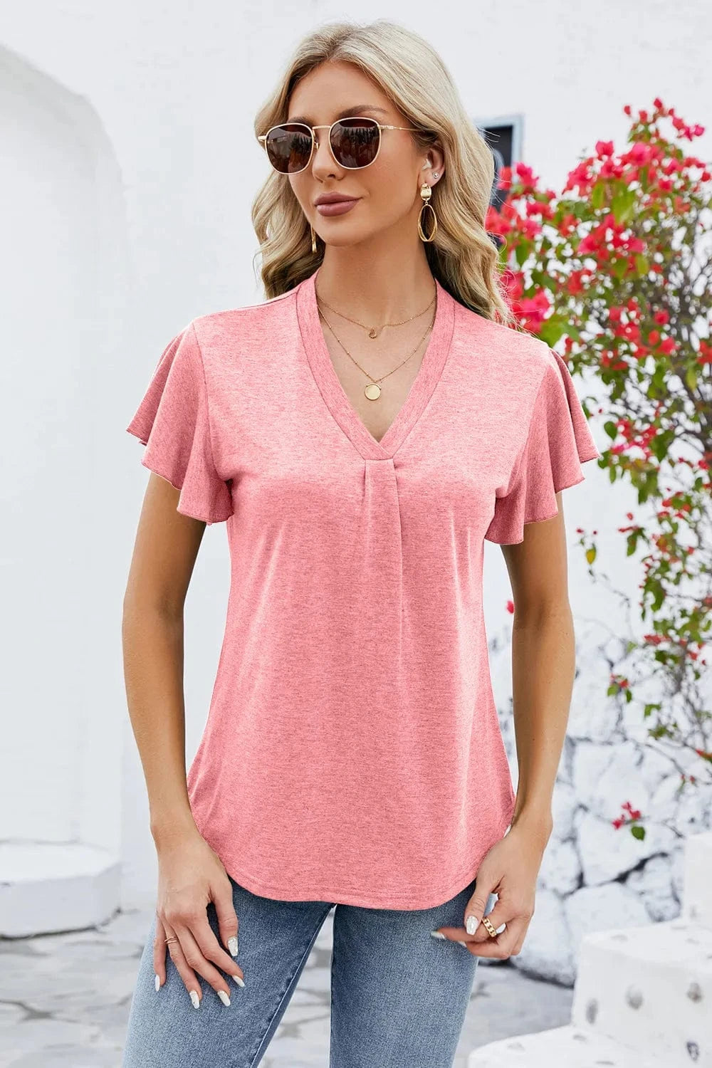 V-Neck Flutter Sleeve T-Shirt tops