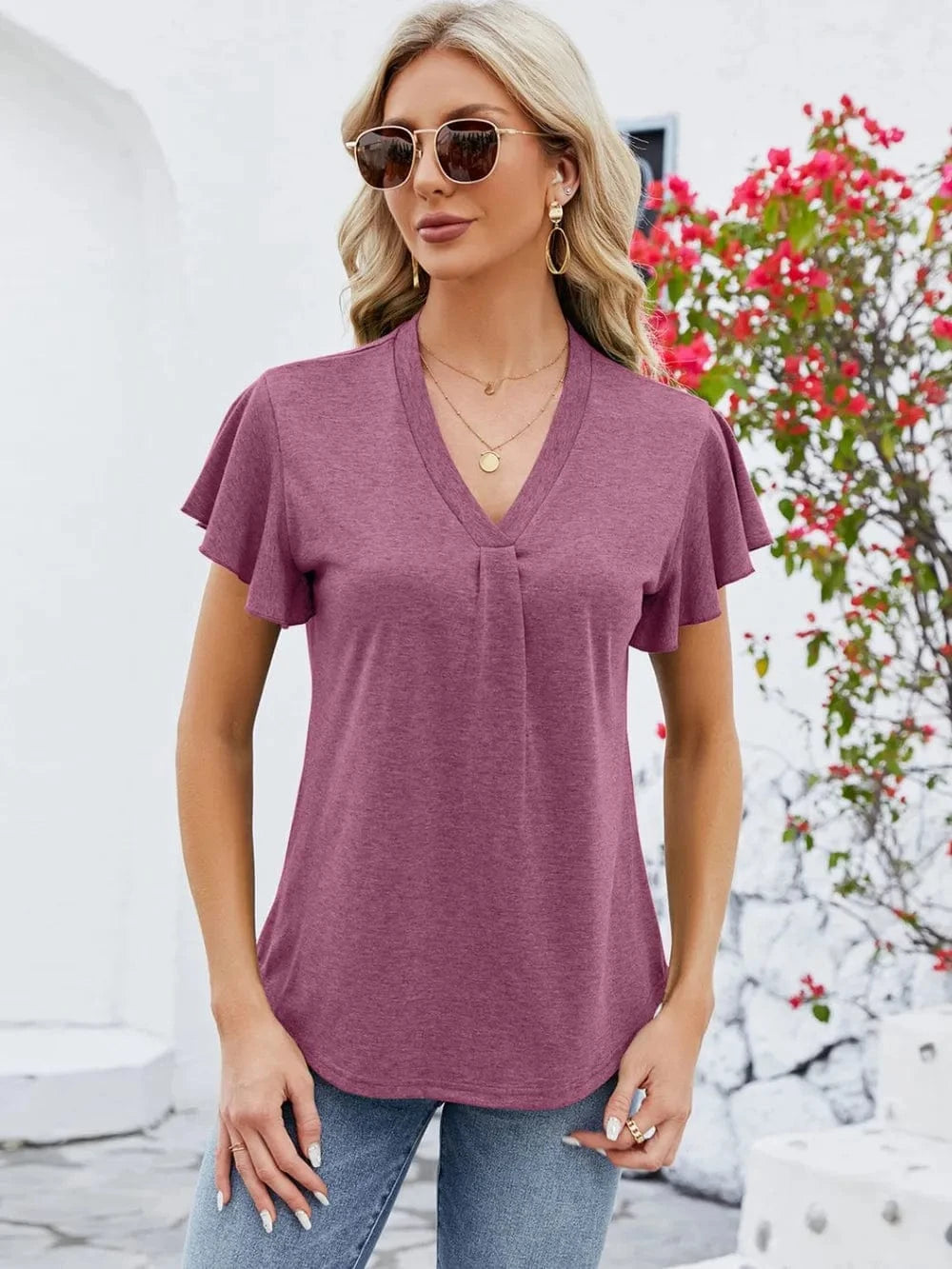 V-Neck Flutter Sleeve T-Shirt tops