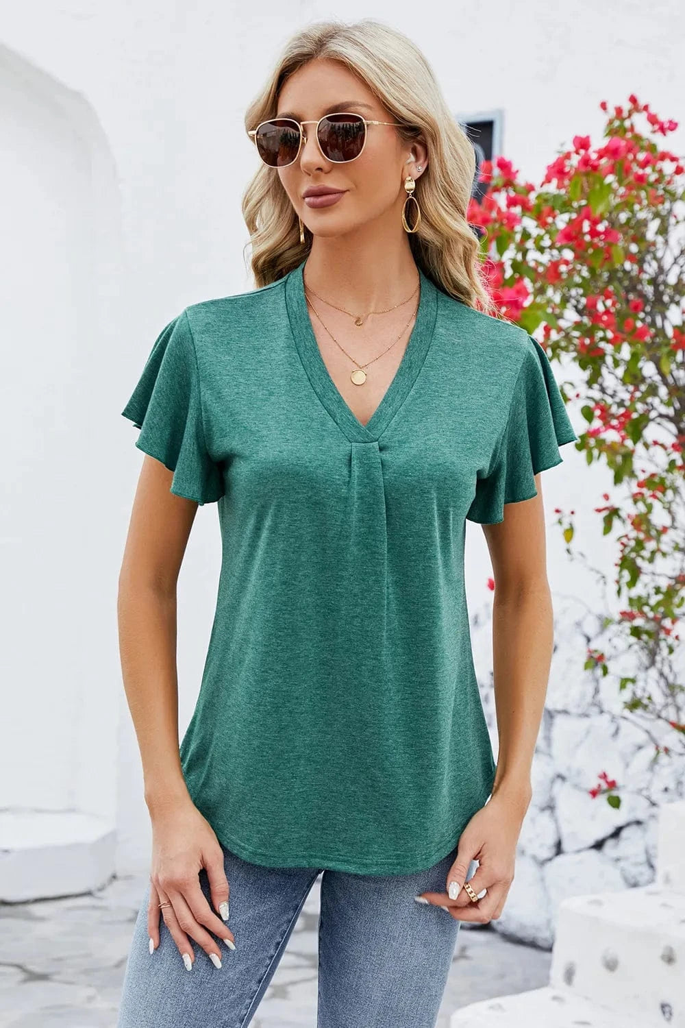 V-Neck Flutter Sleeve T-Shirt tops