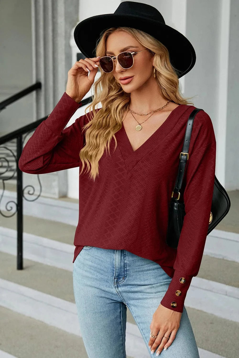 V-Neck Lantern Sleeve T-Shirt tops