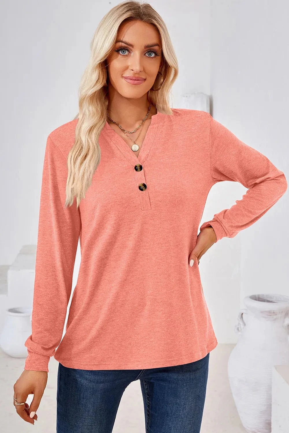 Watermelon pink Notched Long Sleeve T-Shirt tops