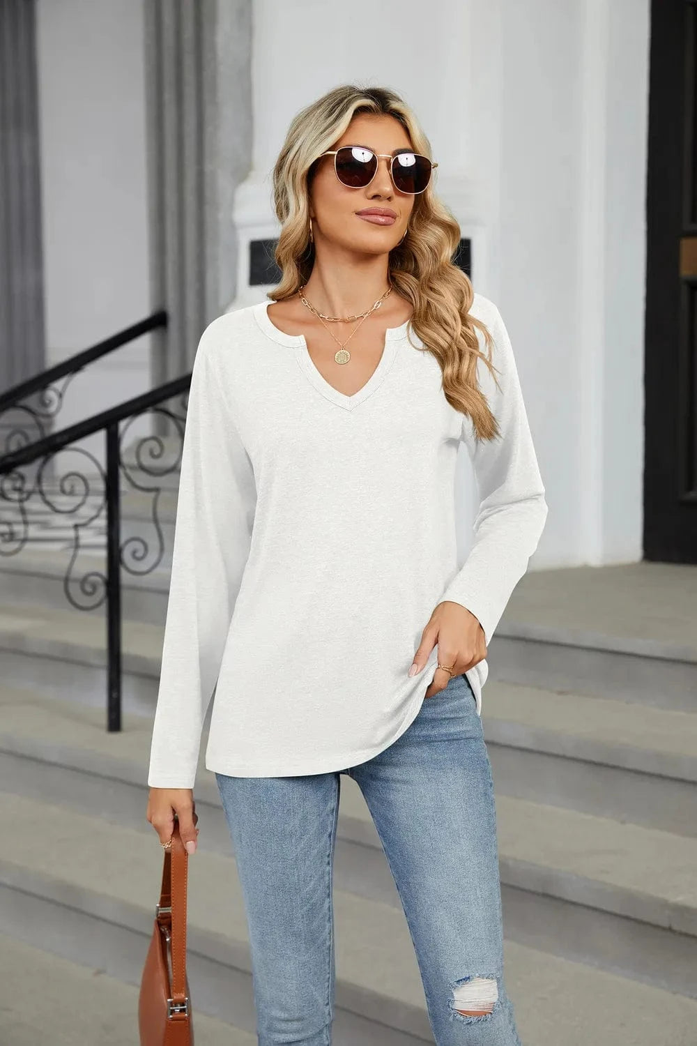 White Notched Long Sleeve T-Shirt tops