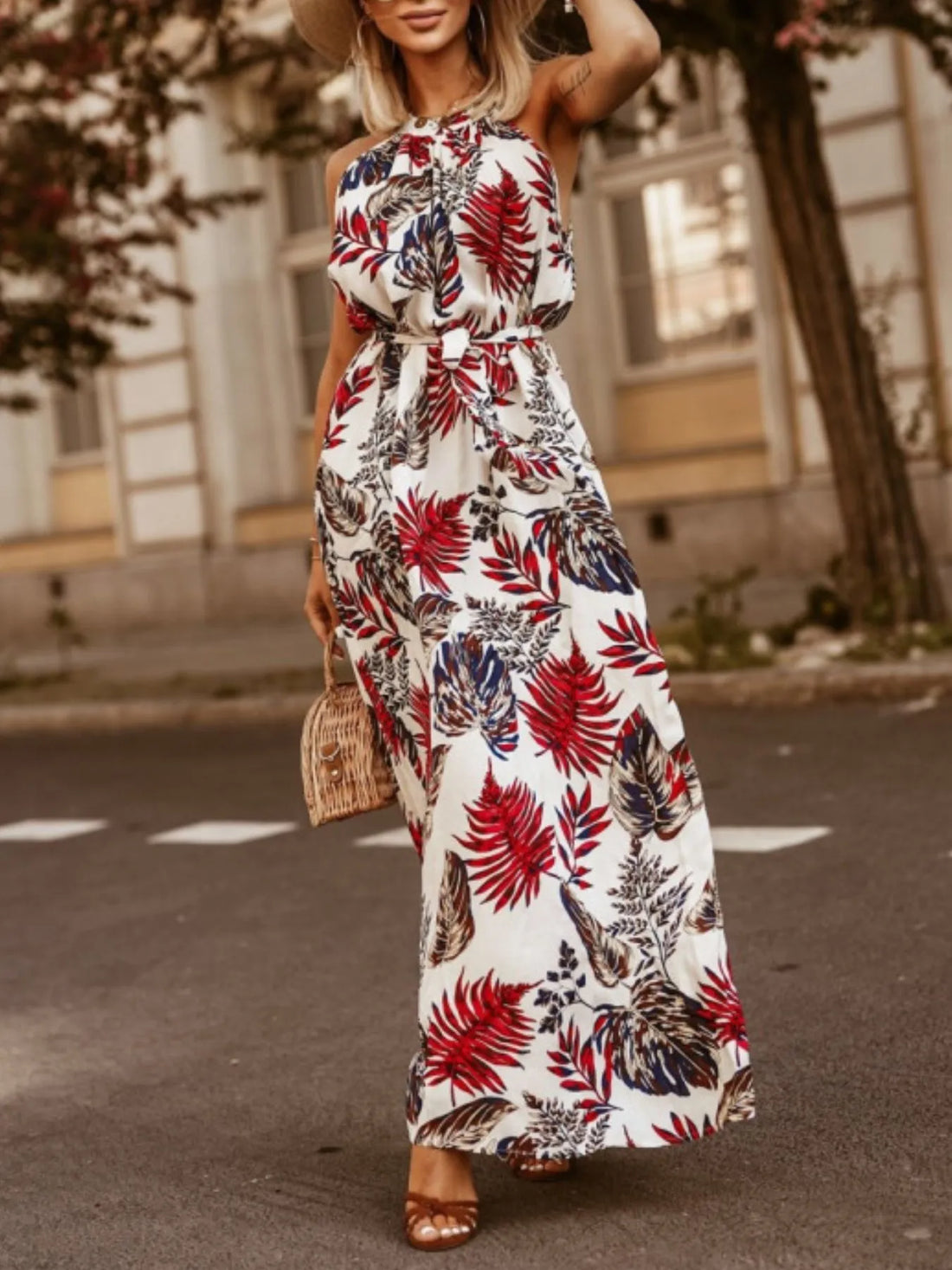 Tropical Floral Halter Neck Summer Dress White / S