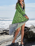 Tropical Leopard Print Kimono Beach Cover-Up Green Leopard Print / One Size
