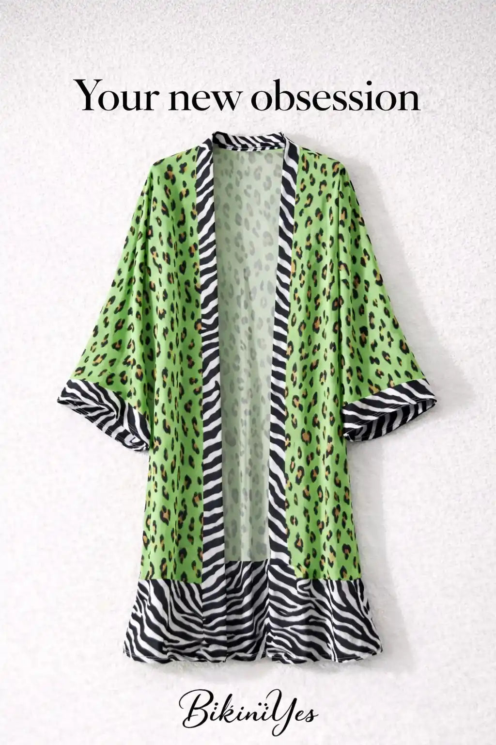 Tropical Leopard Print Kimono Beach Cover-Up Green Leopard Print / One Size